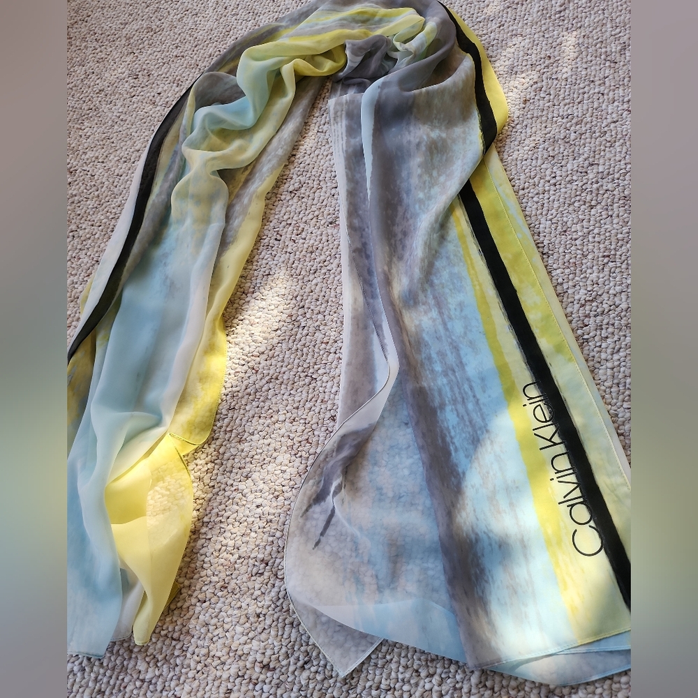 Vintage Calvin Klein Chiffon Scarf Long Sky Blue Yellow Grey White Black Stripes